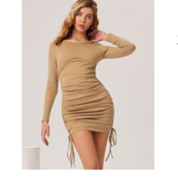 Elegant Tan Ruched Dress - Picture 1 of 9